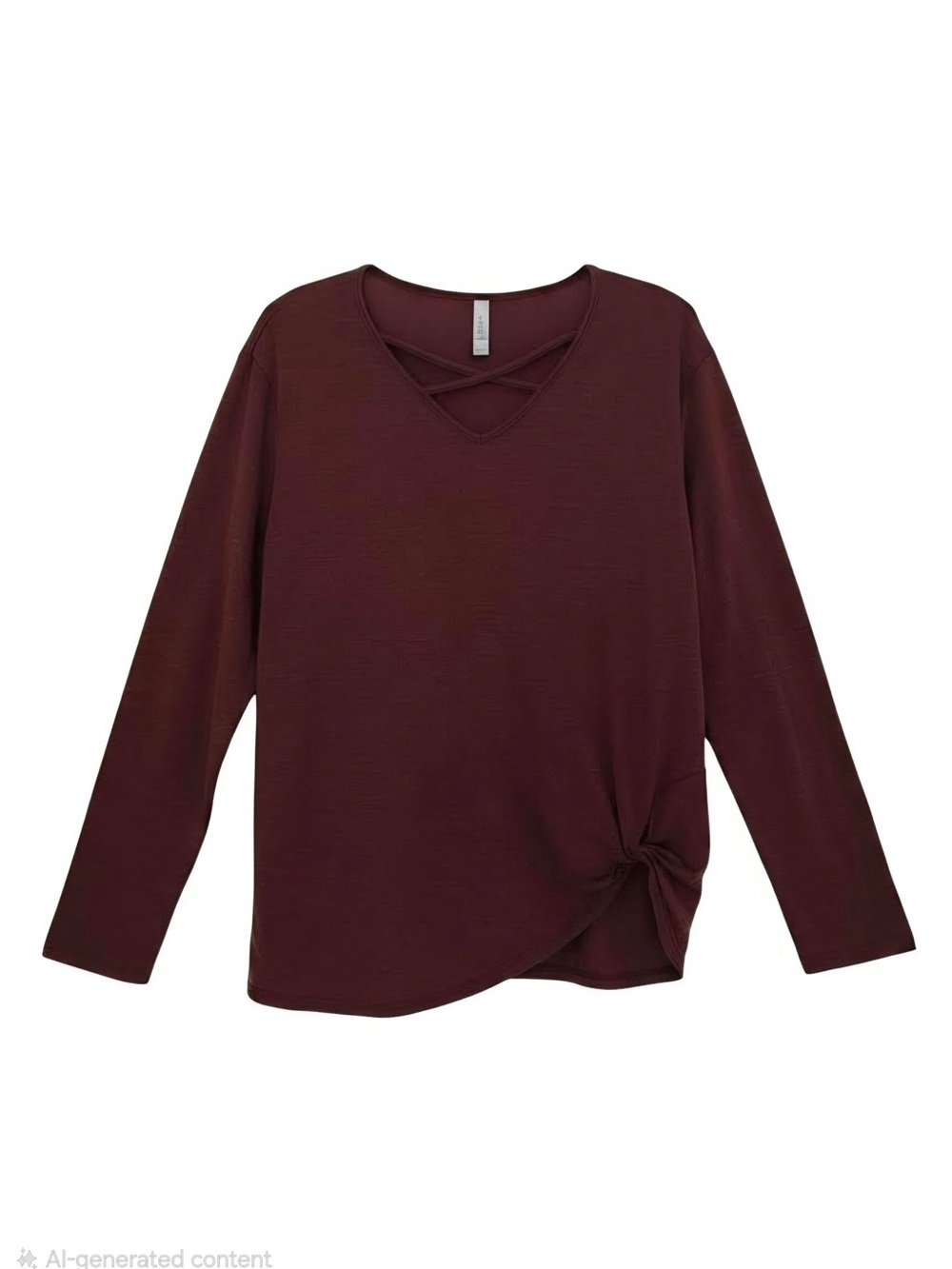 Womens Crisscross Neck Knot Hem Long Sleeve Top - Burgundy